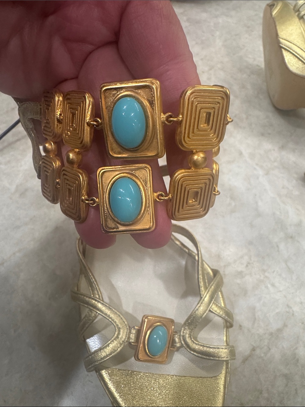 Dior Gold Strappy Heels with Turquoise Stone Accents - Picture 10 of 11